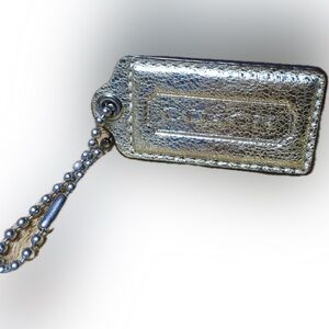 COACH SILVER & GOLD TONE LEATHER KEY FOB BAG CHARM KEYCHAIN HANG
